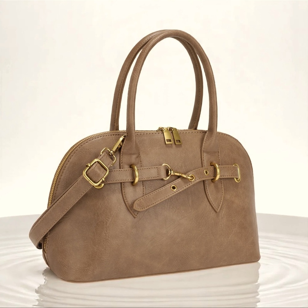 Elegant Taupe Vegan Leather Dome Satchel with Crossbody Strap & Gold Hardware